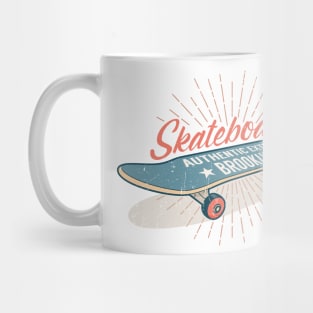 Skateboarding retro emblem with a gray blue skateboard Mug